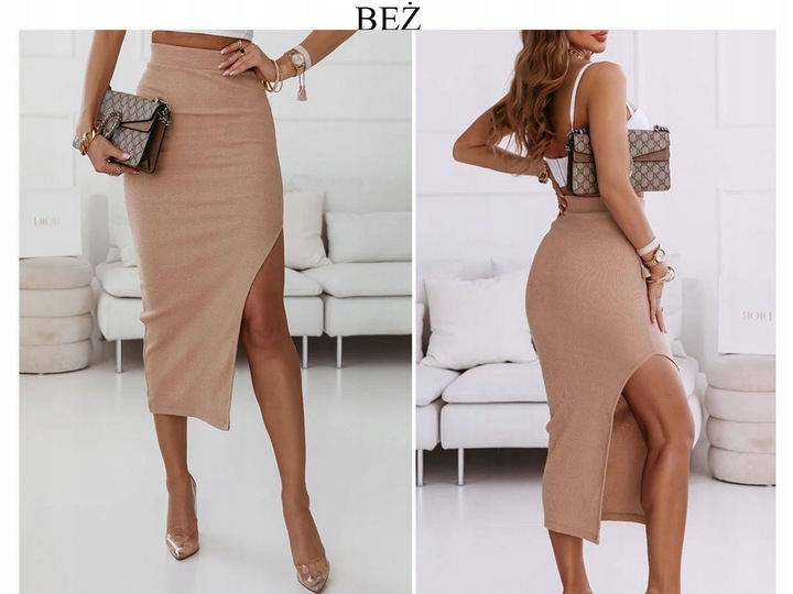 Spódnica ołówkowa prążkowana z rozcięciem dopasowana prążek modna L/XL