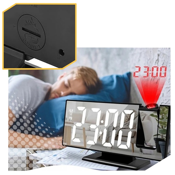 ZEGAR Budzik ELEKTRONICZNY z projektorem LED cyfrowy LUSTRO TERMOMETR 4w1