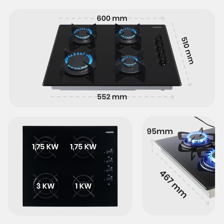 Arebos - Płyta gazowa | Szkło | Kuchenka 4 palnikowa