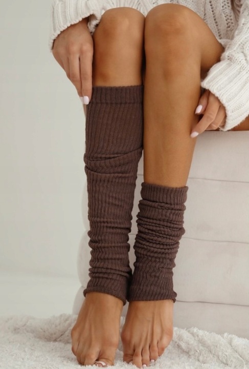 GETRY BAWEŁNIANE damskie ocieplacze na nogi łydki w PRĄŻEK brązowe