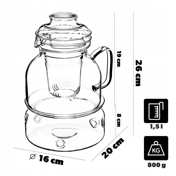 DZBANEK ŻAROODPORNY SZKLANY Z PODRZEWACZEM ZAPARZACZEM DO HERBATY 1,5L