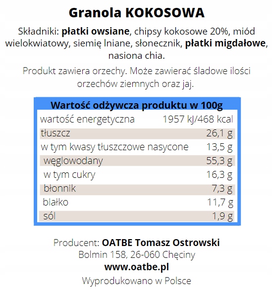 Granola kokosowa 600g OATBE Z POLSKIM MIODEM |NATURALNA|100% HANDMADE|