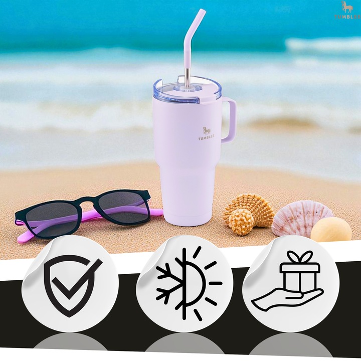 MOCNY Kubek Termiczny ze Stalową Słomką i Uchwytem na Kawę Herbatę 900ml