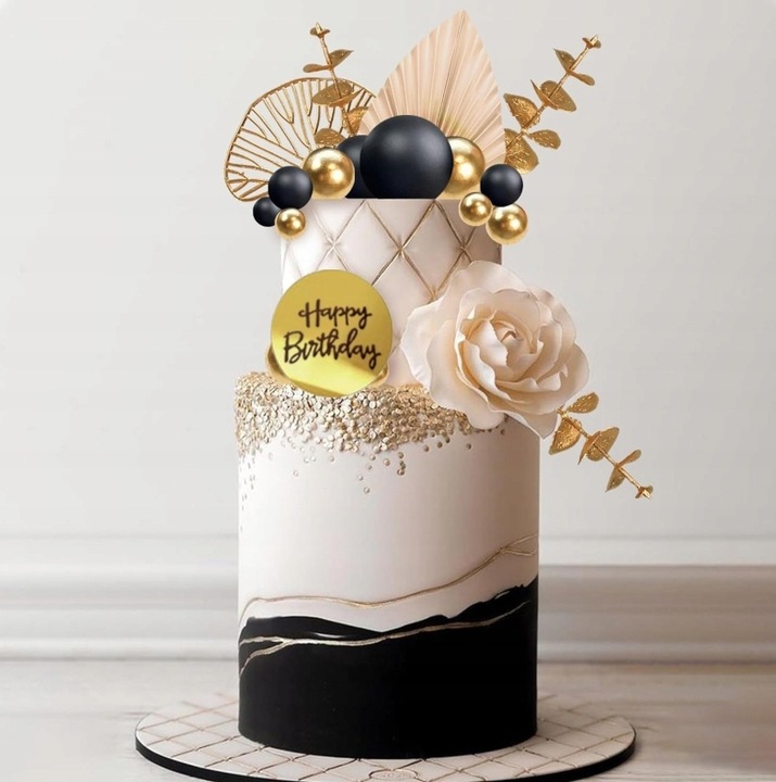 DEKORACJA TOPPER NA TORT ZŁOTE CZARNE KULE MIX NA PIKU WACHLARZE LIŚCIE
