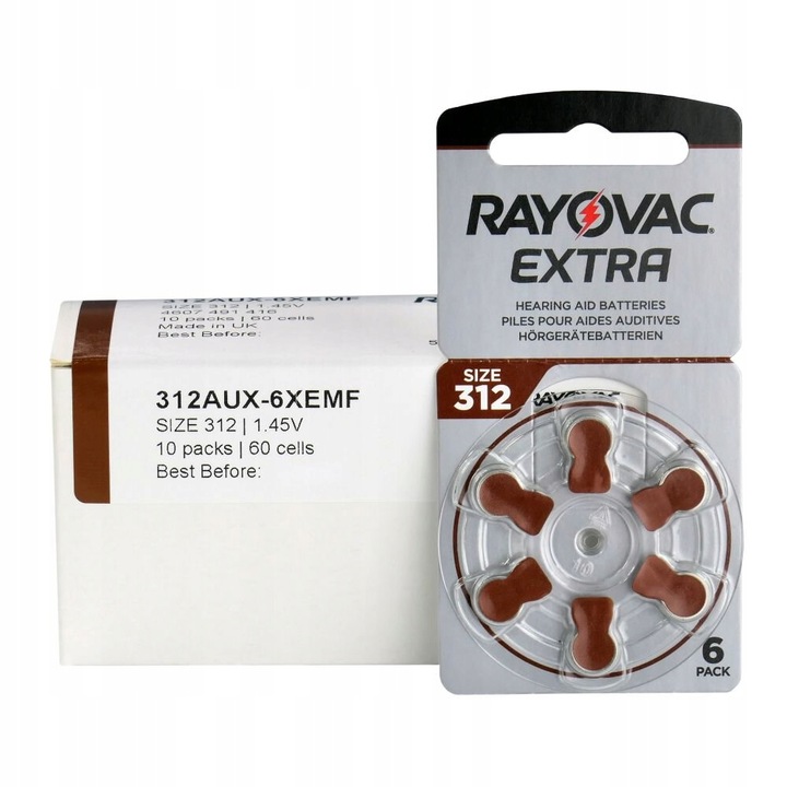 60 x Baterie słuchowe 312 PR41 RAYOVAC extra bateria pastylki mini