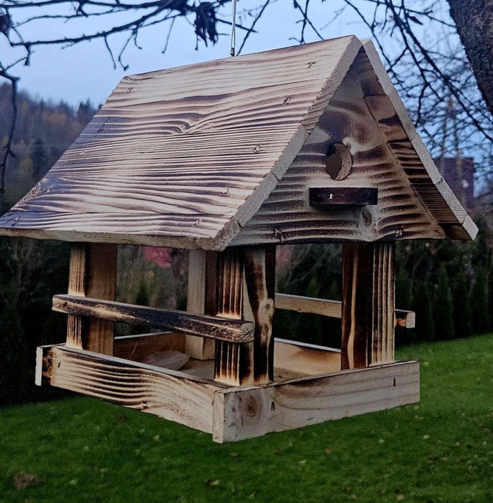 Drewniany KARMNIK XXL DLA PTAKÓW Solidny karmik opalane drewno