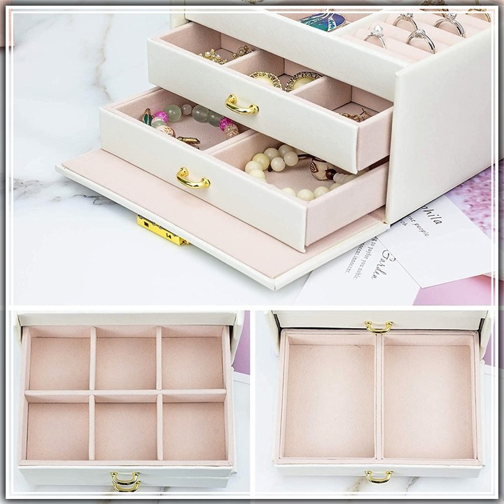 SZKATUŁKA KUFEREK NA BIŻUTERIĘ POJEMNY ELEGANCKI PUDEŁKO Z LUSTERKIEM BIAŁE