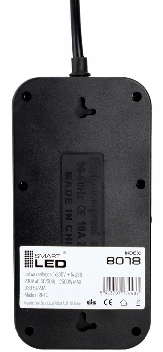 Przedłużacz Listwa Zasilająca Siec 2 M 3 Gniazda 230V + 5X USB Ładowarka