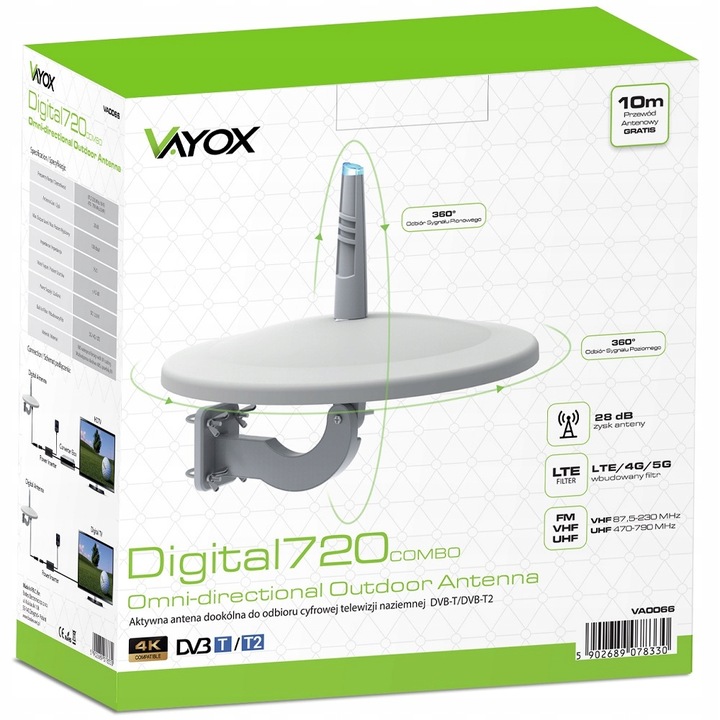 ANTENA DVB-T2 DO TV NAZIEMNEJ DOOKÓLNA AKTYWNA MUX8 LTE COMBO 4K TV VAYOX