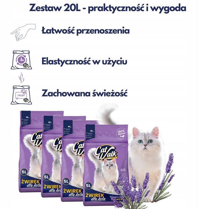 Żwirek bentonitowy dla kota CatWalk Compact Lawendowy 4x5L