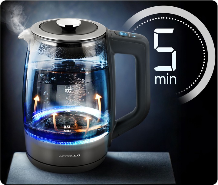 CZAJNIK ELEKTRYCZNY SZKLANY SZARY 2200W PANEL DOTYKOWY 1,7L BERDSEN