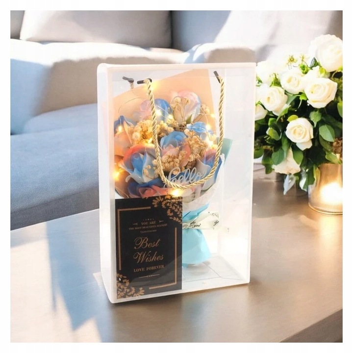 FLOWER BOX MYDLANE RÓŻE BUKIET W PUDEŁKU LED PREZENT NA DZIEŃ