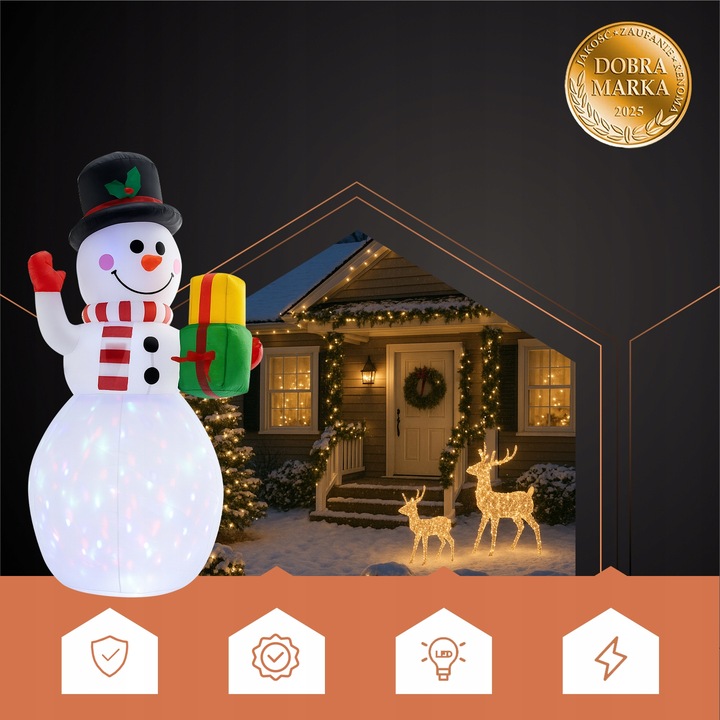 Nadmuchiwany Bałwan LED Duży Dmuchany Bałwanek Pompowany Świecący