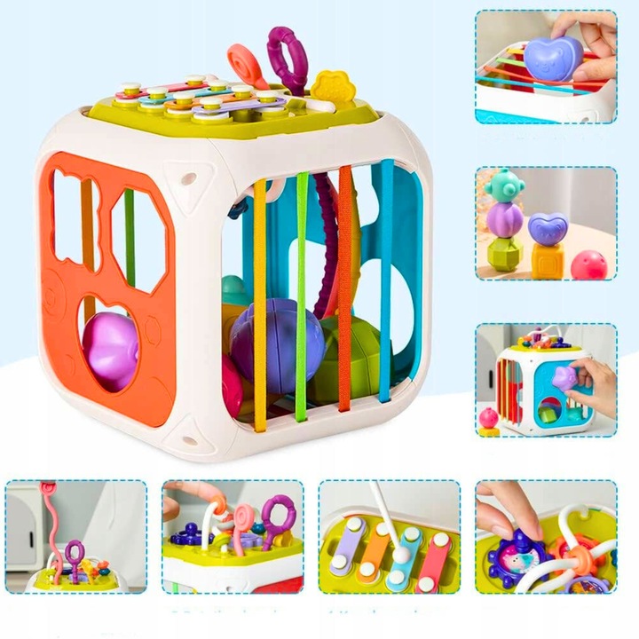 INTERAKTYWNA KOSTKA EDUKACYJNA DLA NIEMOWLĄT SORTER KLOCKI CYMBAŁKI 7w1 PL