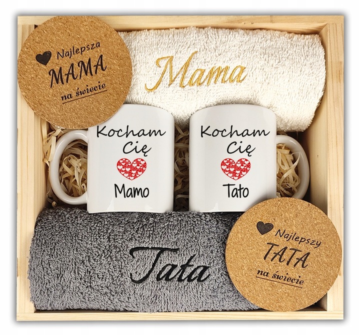 PREZENT NA DZIEŃ MAMY MATKI DLA TATY OJCA ZESTAW KUBEK RĘCZNIKI Z HAFTEM