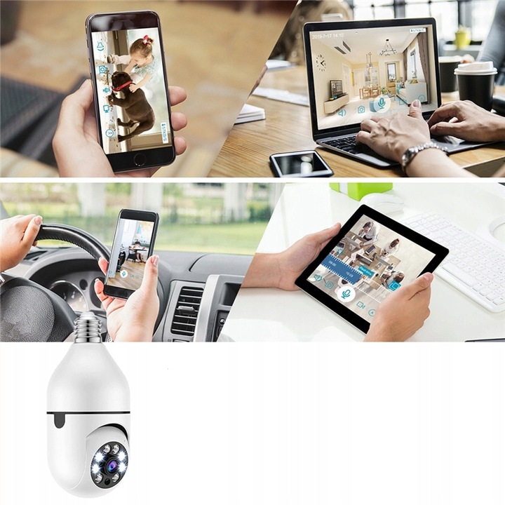 Kamera Obrotowa Panoramiczna 360 Zamiast Żarówki Nagrywanie Nocne Wi-FI IP