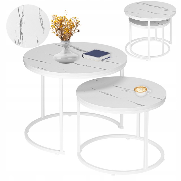 STOLIK KAWOWY OKRĄGŁY 2W1 BIAŁY MARMUR ZESTAW 2 STOLIKÓW KAWOWYCH