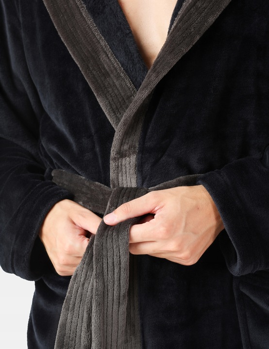 Szlafrok męski z kapturem ciepły miękki 2 kieszenie LA-221 Czarny XXL