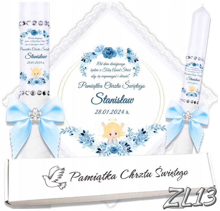 Biała szatka i świeca do chrztu ECO imię i data BOHO gromnica pudełko