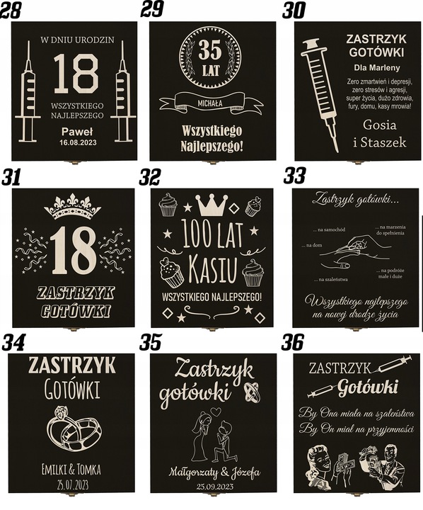 Zastrzyk gotówki prezent na urodziny 18 30 40 50 60 śmieszny pudełko grawer