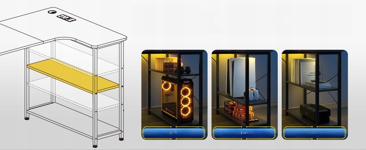 Biurko Gamingowe Narożne z półką i portem ładowania USB na Czarnym