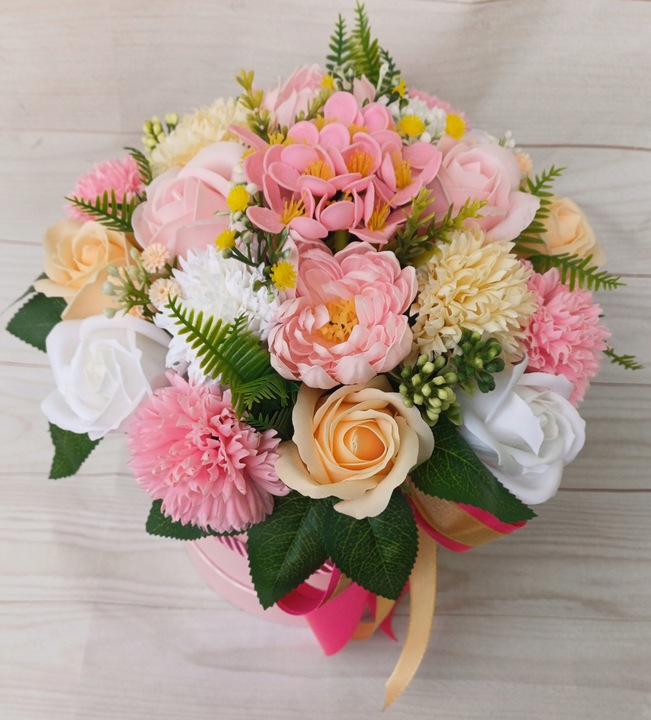 DUŻY FLOWER BOX KWIATY MYDLANE RÓŻE GOŹDZIK NA PREZENT BUKIET