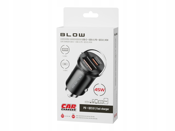 MOCNA ŁADOWARKA SAMOCHODOWA SZYBKIE ŁADOWANIE PD QC 45W USB-C 3,1A KABEL 1M