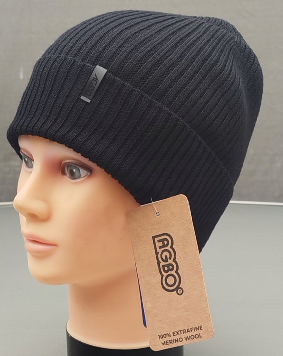 Czapka zimowa męska czarna 100% WEŁNA MERINO Thorin HIT