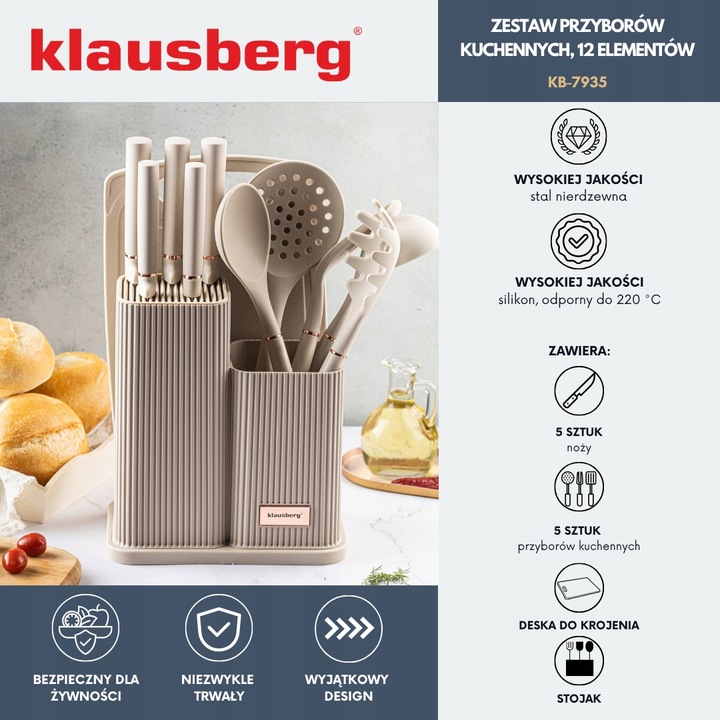 Komplet 5 Noży + Zestaw 5 przyborów kuchennych + deska do krojenia + Stojak
