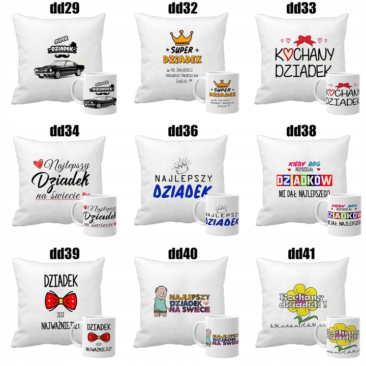 Zestaw 2 poduszki 2 kubki z nadrukiem prezent Dzień Dziadka i Babci wzory