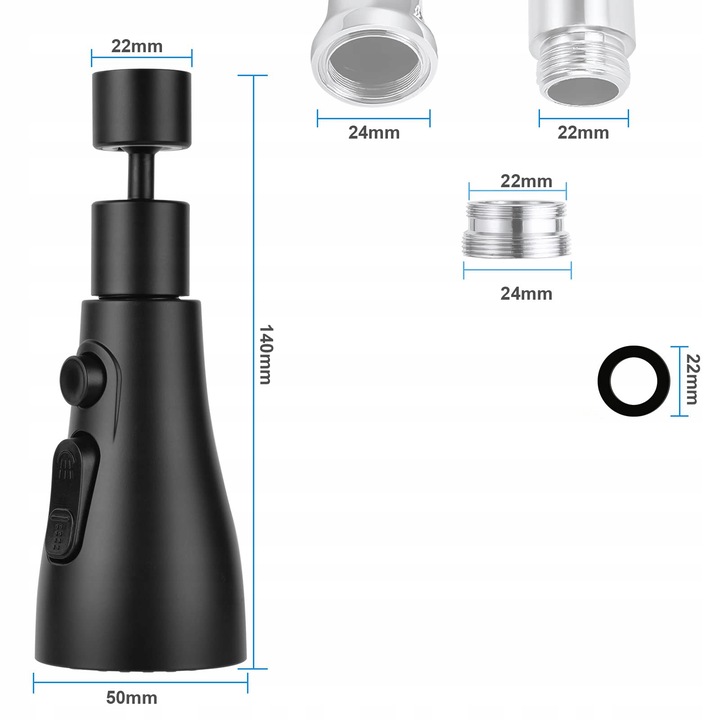 PRZEDŁUŻACZ KRANU KUCHENNEGO AERATOR PERLATOR 3 FUNKCJE 360° CZARNY