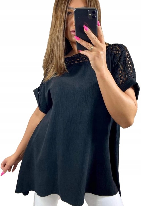 Tunika Luźna Damska Koronka Oversize Duże Rozmiary Czarna rozmiar 54