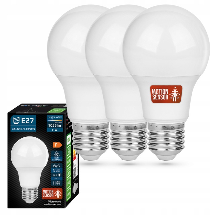3x Żarówka LED E27 11W CZUJNIK RUCHU biały neutralny 4000K 1055lm kula