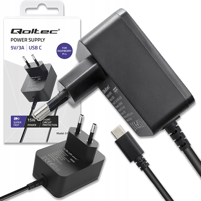Qoltec Ładowarka Super FAST PD do Raspberry PI 4 USB-C 15W 5V 3A Czarna