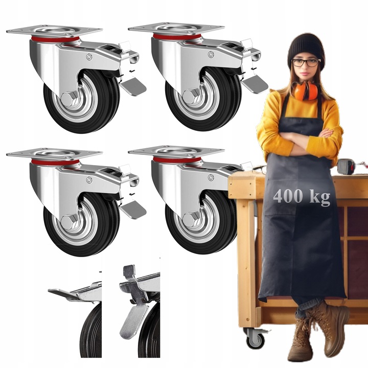 4x Kółka Obrotowe z Hamulcem Skrętne 125mm 400kg Gumowe Zestaw Do