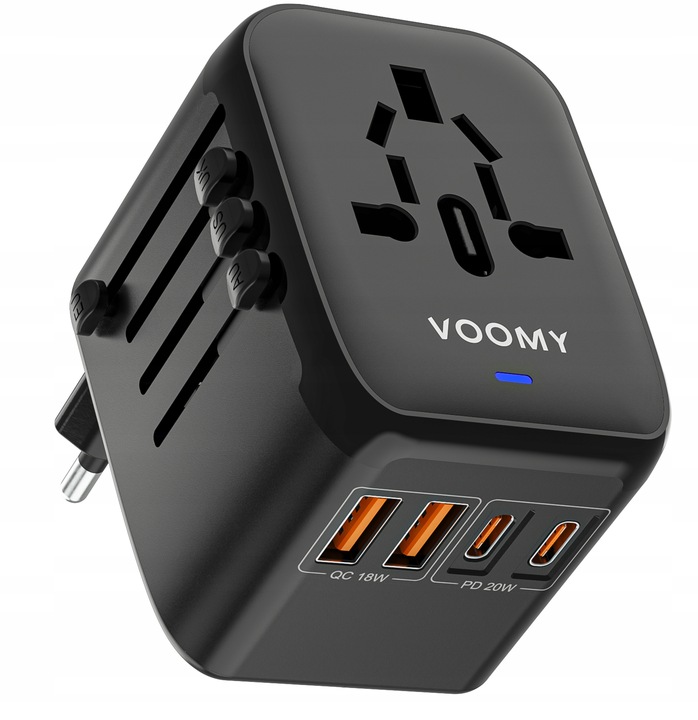 Wtyczka światowa VOOMY - 170+ krajów, 20W, 2 USB-C & 2 USB-A, Czarna