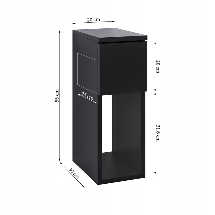 SZAFKA NOCNA CZARNA WĄSKA 20CM Z SZUFLADĄ I PÓŁKĄ LOFT STOLIK NOCNY