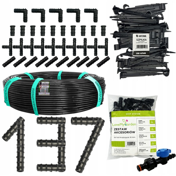 Linia kroplująca 16mm 100m z kompensacją 137 akcesoriów Wąż kropelkowy