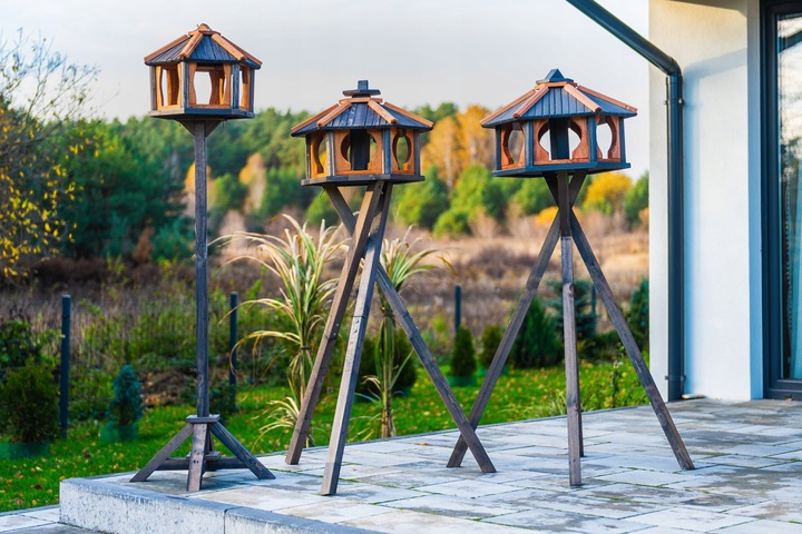 Duży Karmnik dla ptaków do stojaka drewno z wsypem KW62 antracyt-tik