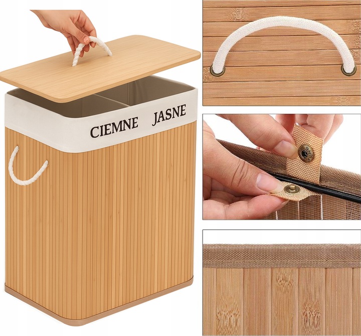 KOSZ BAMBUSOWY NA PRANIE BIELIZNĘ ZAMYKANY DWUKOMOROWY POJEMNIK WĄSKI 100L