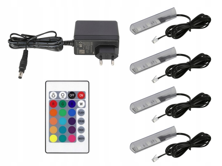4pkt klips LED RGB do półki szklanej CAŁY ZESTAW Kabel Czarny