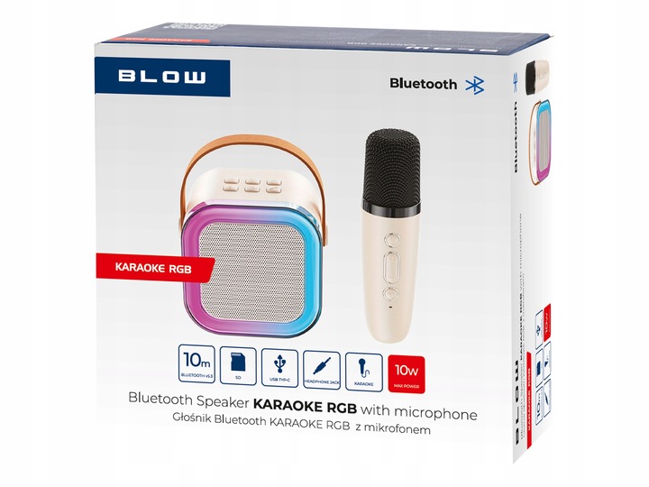 GŁOŚNIK BLUETOOTH BLOW PRZENOŚNY KARAOKE RGB MIKROFON USB SD MINI JACK