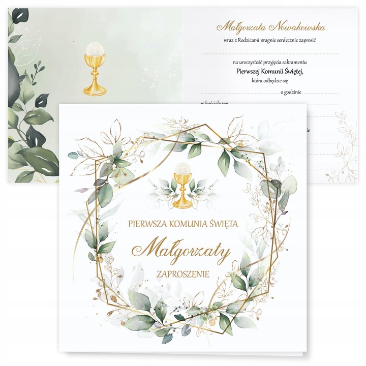 ZAPROSZENIA NA KOMUNIĘ na przyjęcie EUKALIPTUS + imię dziecka + koperta