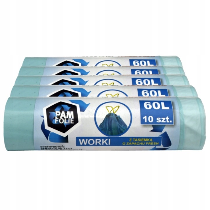 WORKI NA ŚMIECI Zapachowe z Taśmą 60L 10 szt Worki Fresh Pam Folie x5
