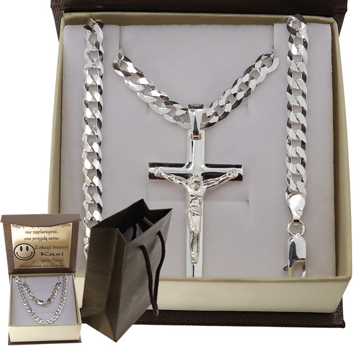 SREBRNY PEŁNY ŁAŃCUSZEK MĘSKI PANCERKA Z KRZYŻYKIEM PR. 925 + GRAWER GRATIS