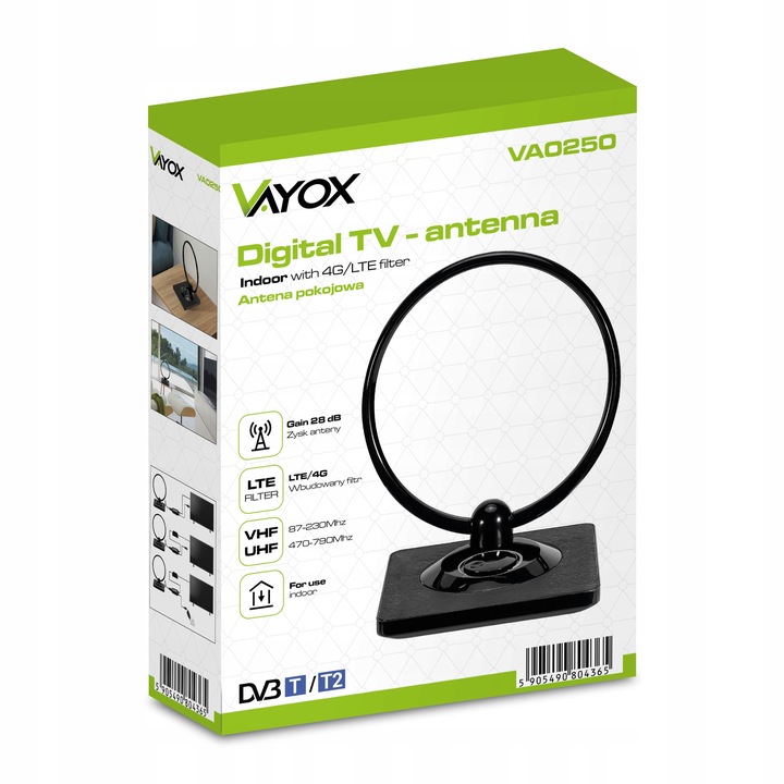 ANTENA POKOJOWA DVB-T2 AKTYWNA DO TV NAZIEMNEJ WZMACNIACZ 4K LTE MUX8 VAYOX