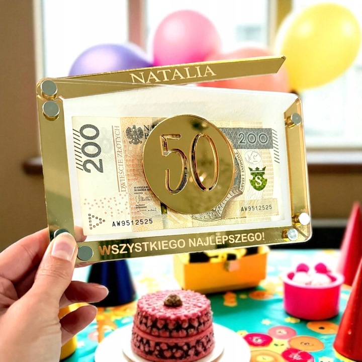 KARTKA KOPERTA PUDEŁKO NA PIENIĄDZE URODZINY IMIĘ + LICZBA ZŁOTA RAMKA