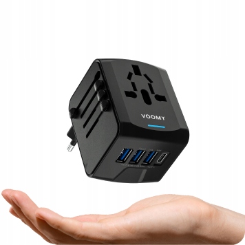 Wtyczka światowa VOOMY - 170+ krajów, 20W, 3 USB-A & 1 USB-C, Czarna