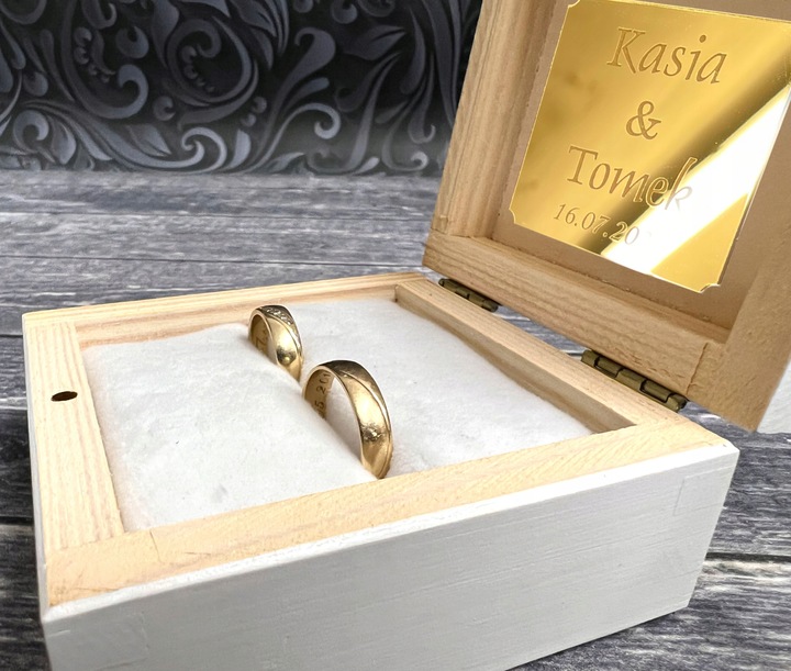 PUDEŁKO na Obrączki na Ślub BIAŁE + ZŁOTE dekory