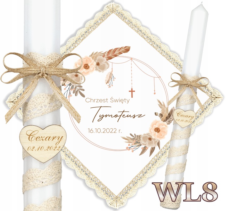 Szatka i świeca do chrztu BOHO Chrzest pudełko grawer serce EKO Topaz WL